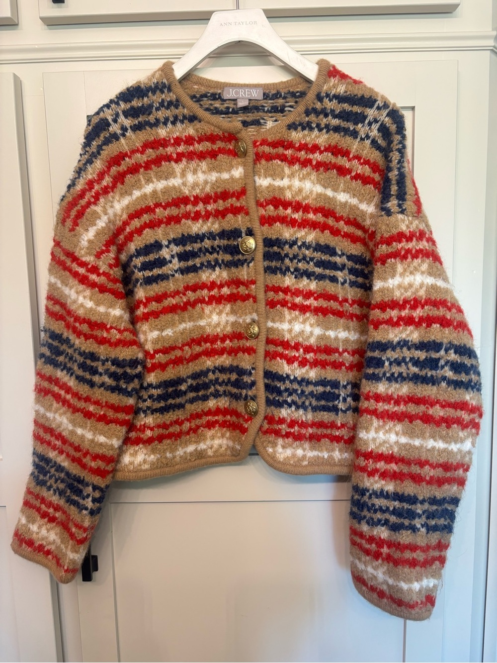 J. Crew Sweater Lady Cardigan Jacket Knit plaid bouclé yarn Fall Vtg Inspired L - Picture 2 of 10